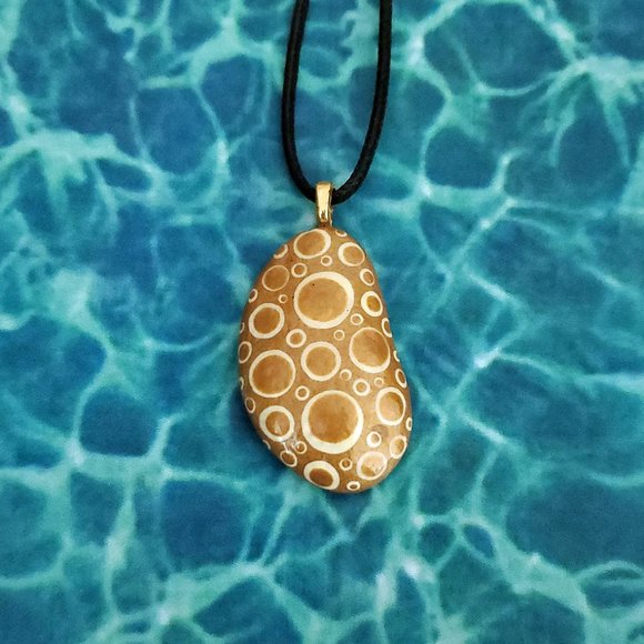 Hand Painted Dot Art Pendant. Gold and Ivory - Picture 10 of 11